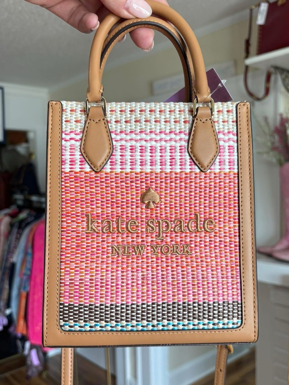 kate spade Pink Multicolor Woven Mini Tote with Tan Trim - Picture 1 of 1